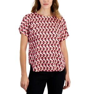 Anne Klein Women's Geometric-Print Short-Sleeve Top,  Rich Camellia Multi, M